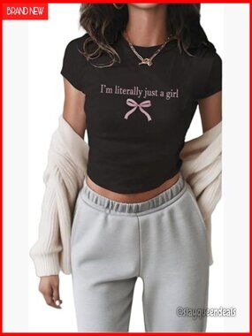 Letter Graphic Bow Crop Top Y2K Slim Fit Trendy Cute Short Sleeve Crewneck Tee